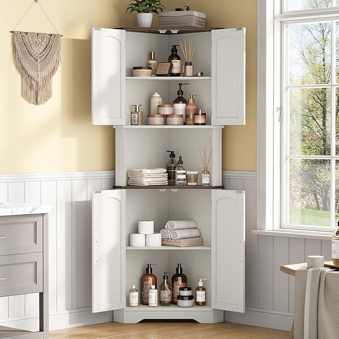 Maupvit Tall Corner Cabinet, Farmhouse Corner Storage Cabinet with 4 Barn Doors and Adjustable Shelves, Storage Pantry Cabinet for Kitchen, Living Room, Laundry Room, White