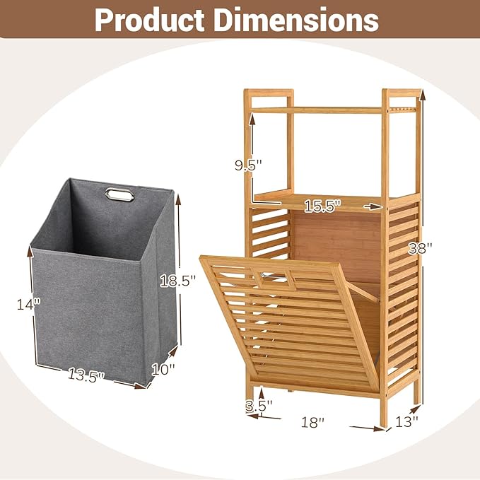 GOFLAME Tilt-out Laundry Hamper with 2-Tier Shelves, Bamboo Laundry Baskets Organizer with Removable & Foldable Fabric Liner, Bathroom Storage Shelf Cabinet for Laundry Room, Bedroom