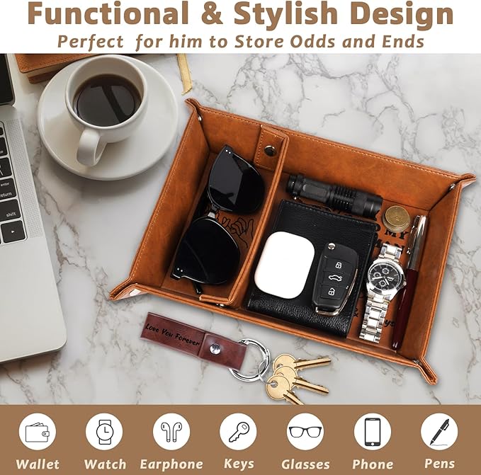 Gifts for Him, PU Leather Valet Tray and Keychain, Husband Birthday Gift Ideas, Unique Cool Husband Him Gifts for Anniversary, Best Husband Ever Gifts for Men Boyfriend