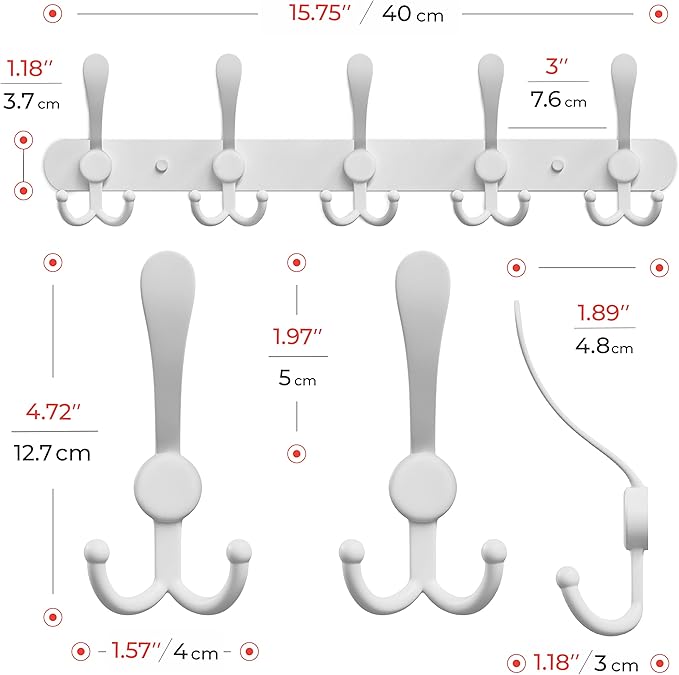 Coat Rack Wall Mount with 5 Tri Hooks, Stainless Steel 16 Inch – White Matte Finish, Heavy Duty Wall Mounted Hook Rack for Coats, Hats, Towels, Scarfs, Robes, Bags, Entryway & Bathroom
