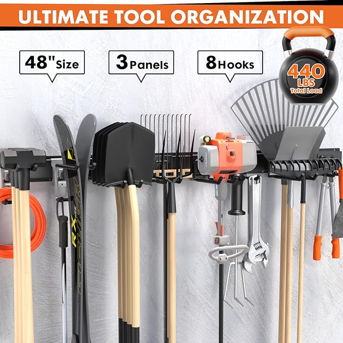 48-Inch Heavy Duty Garage Tool Organizer, Wall Mount Storage System with Adjustable Metal Hooks, 440lbs Capacity, Ideal for Garden Tools, Shovels, Rakes, Brooms, Ladders (48‘’ Metal Hooks)