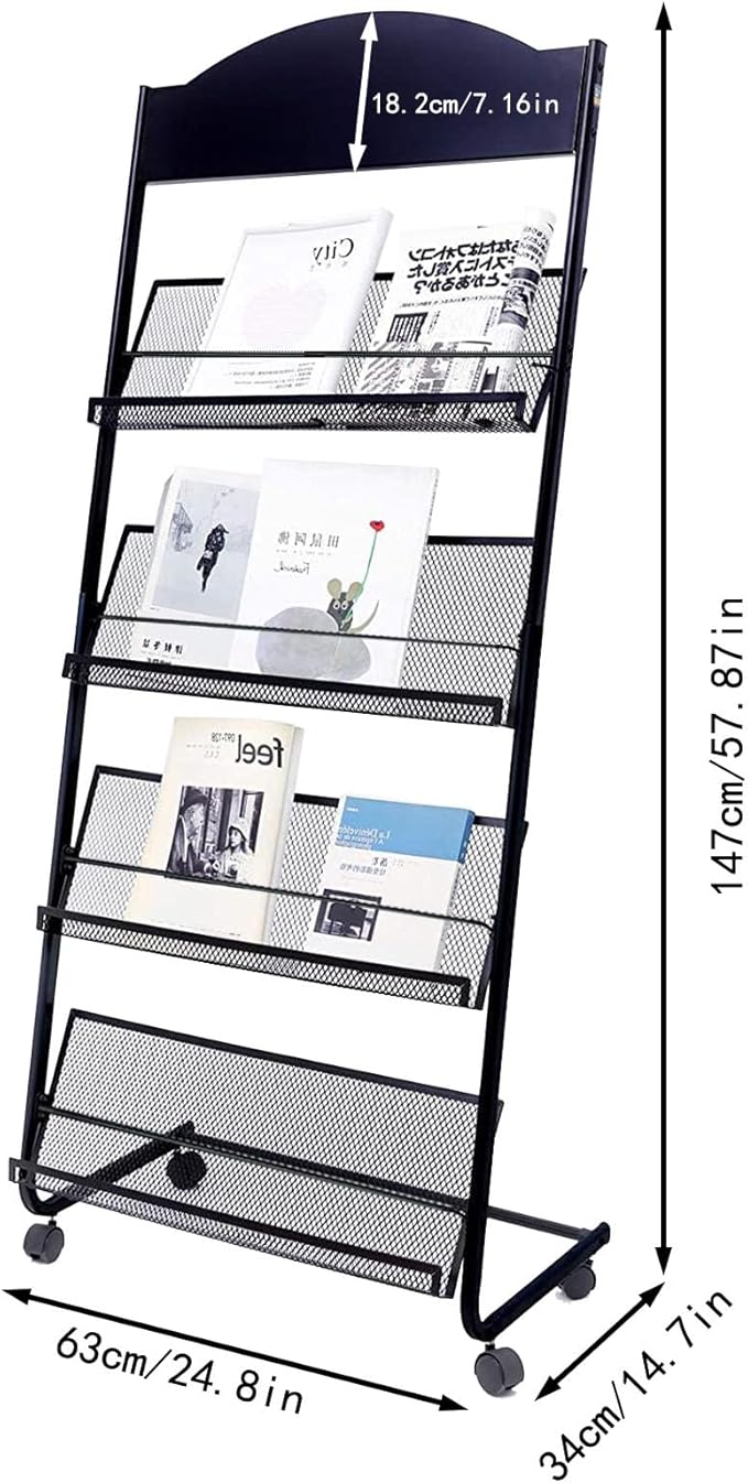 Floor Standing Magazine Rack,The Wheels with Locking 4 Tier Document Display Rack for Exhibition Office Shopping Mall Waiting Room and Other Places （BLACK
