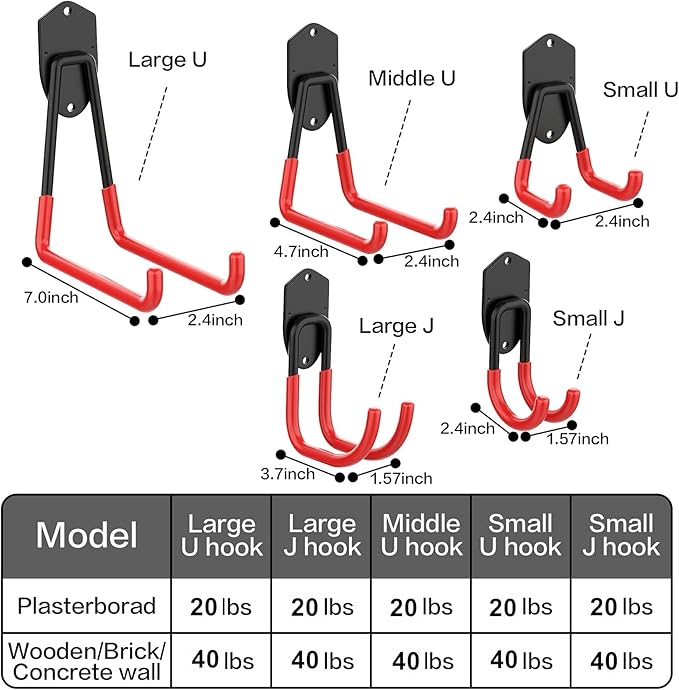 WALMANN 12 PCS Garage Storage System Hooks, Wall Mount Heavy Duty Rubber Coated Utility Hooks for Garden Tools, Ladders, Cords, Folding Chairs, Weed Eaters, Shovels and Rakes