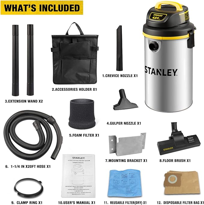 STANLEY Wet/Dry Vacuum SL18133，4.5 Gallon 4 Horsepower Wall-Mounted Hanging Vacuum with 26 Cleaning Range Stainless Steel Tank, Home/Garage/Upholster/Laundry Rooms Vacuum
