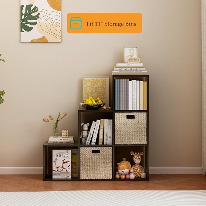 Ladder Cube Storage Bookcase - Wooden L-Shaped 3-Tier Corner Shelf, Reversible 6-Cube Organizer for Home & Office, Black