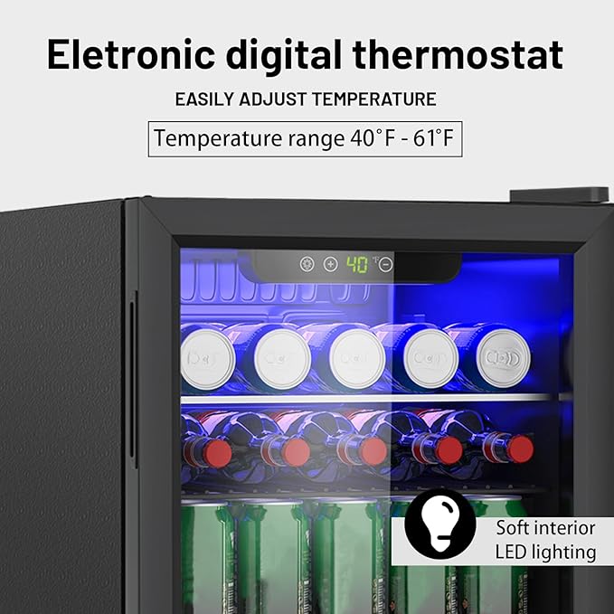 Compact 95 Can/2.6Cu.Ft Mini Fridge For Soda, Beer Or Wine, Portable Small Beverage Refrigerator With Digital Display&Removable Shelves &Reversible Glass Front Door For Office, Dorm, Bar