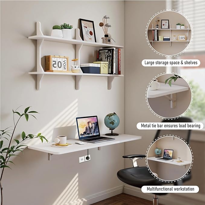Pmnianhua Wall Mounted Folding Table, 47'' Floating Laptop Desk with Shelves, Foldable Drop Leaf Table, Wall Mount Fold Down Table for Laundry Room Kitchen Bar Home Office Small Space(White)