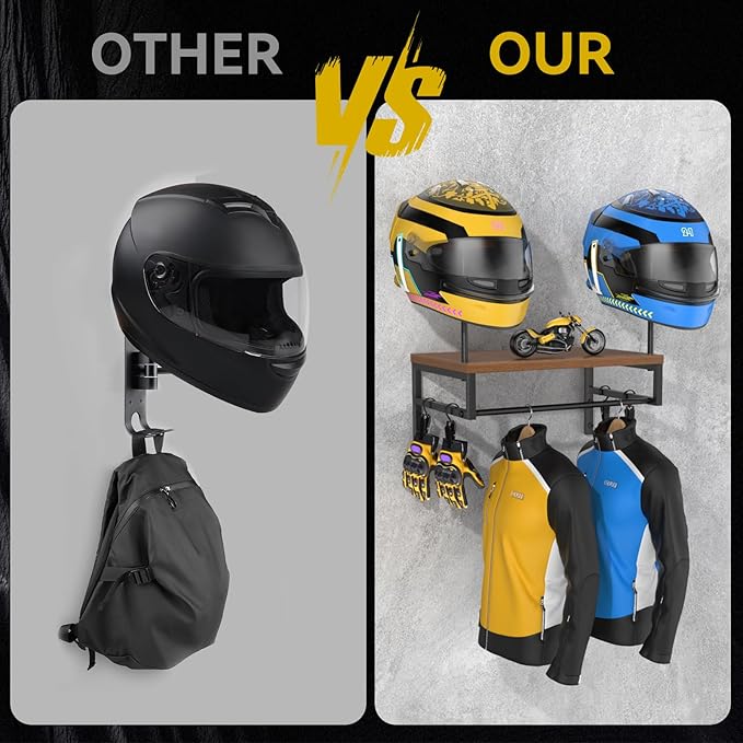 BORISI Helmet Holder Wall Mount, Motorcycle Helmet Holder, Helmet Stand with Motorcycle Accessories, Helmet Rack for Display Wall Mount, Motorcycle Gear Storage Rack