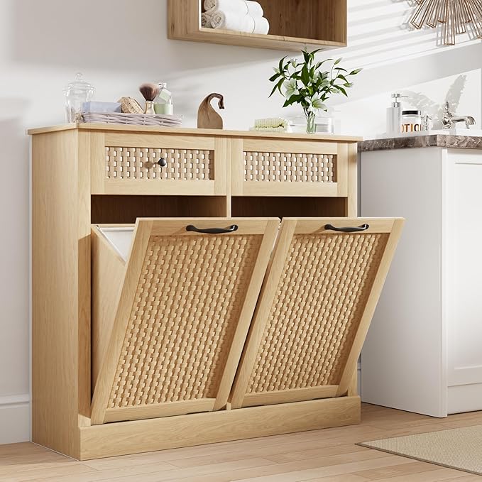 Double Tilt Out Laundry Hamper Cabinet,10 Gallon Laundry Cabinet with Drawers ＆ 2 Hidden Baskets, Farmhouse Storage Basket for Laundry Room, Bathroom, Kitchen, Wood