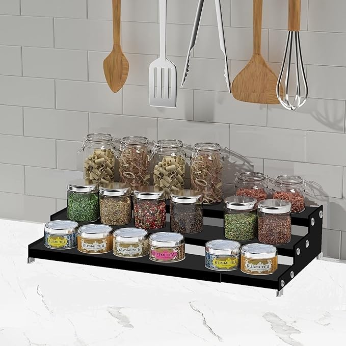 Spice Rack Organizer for Cabinet, 3 Tier Expandable Spices Storage, Great for Kitchen Cabinets, Cupboard,Pantry and Countertop More 2 Packs/Black