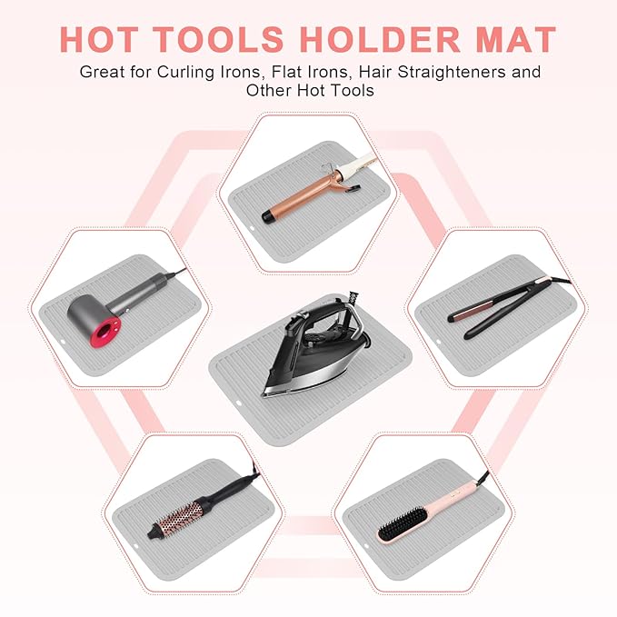 AMIJEAL Oversize Silicone Heat Resistant Mat for Hair Tools, Curling Iron Flat Iron Hair Straightener Holder Mat, Portable Hot Tools Sleeve Pad for Travel Vanity Salon(14.2" x 11.0")
