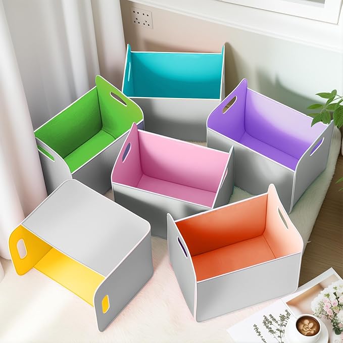 6 Pcs 14x10 Inch Colorful Felt Rectangular Storage Bins Collapsible Storage Basket with Handle for Shelves Closet Bedroom Office Clothes Book Holiday Christmas Stuff Organizer(Gray-macaron)