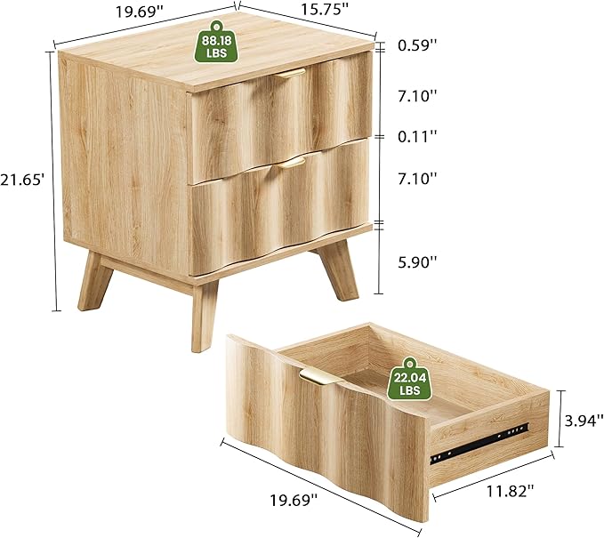 Nightstand, Bedside Table with 2 Drawers and Metal Handles, Sofa Side End Table with Storage for Bedroom, Living Room, Entryway (Natural)