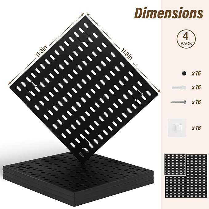 AKTOP Peg Board Wall Organizer 4-Pack – 12"x12" Black Pegboard Panels for Walls, Plastic Desk Wall Mount Tool Organization for Home, Office, Garage Tool Storage & Craft Room