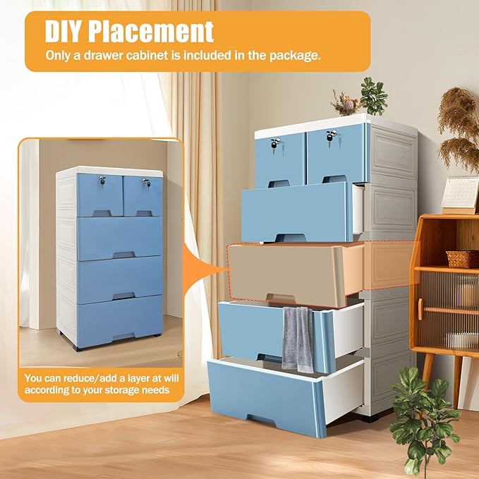 5-Layers Plastic Dresser with 6 Drawers Movable Chest of Drawers Locked Storage Cabinet Craft Organizers and Storage for Bedroom Entryway Hallyway, 19.7’’ W*13.8’’ D*40’’ H (Blue)