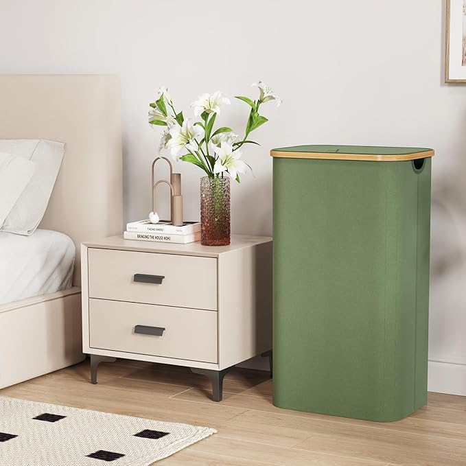 Lifewit 100L Laundry Basket with Lid, Clothes Hampers for Laundry with Bamboo Handles and A Removable Bag, Large Foldable Laundry Hamper for Bedroom, Bathroom, Dorm, Laundry Room, Green