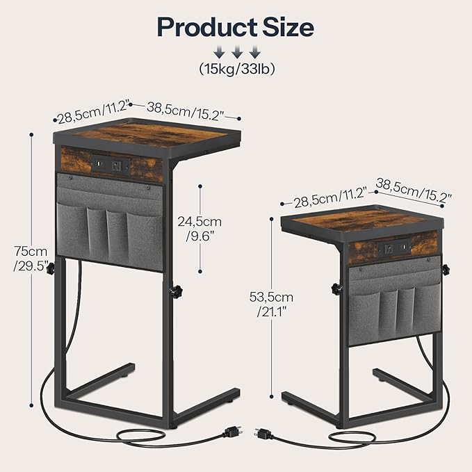 HOOBRO C-Shaped End Table with Charging Station, 29.5” Adjustable Height Side Table with Storage Pocket, Sofa Tray Table Slide Under Couch, for Living Room, Bedroom, Rustic Brown and Black BF78USF01