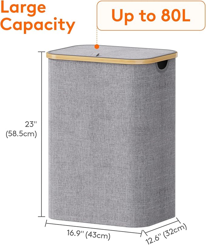 Lifewit 80L Laundry Basket with Lid, Clothes Hampers for Laundry with Bamboo Handles and A Removable Laundry Bag, Large Foldable Hamper for Bedroom, Bathroom, Dorm, Laundry Room, Light Gray