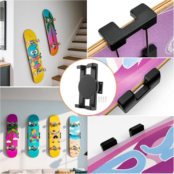DYAUS 360° Rotating Skateboard Wall Mount, Extending Skateboard Wall Hanger, Universal Skate Board Wall Mounts Display, Space-Saving Longboard Deck Holder, Floating Skateboard Rack, Black