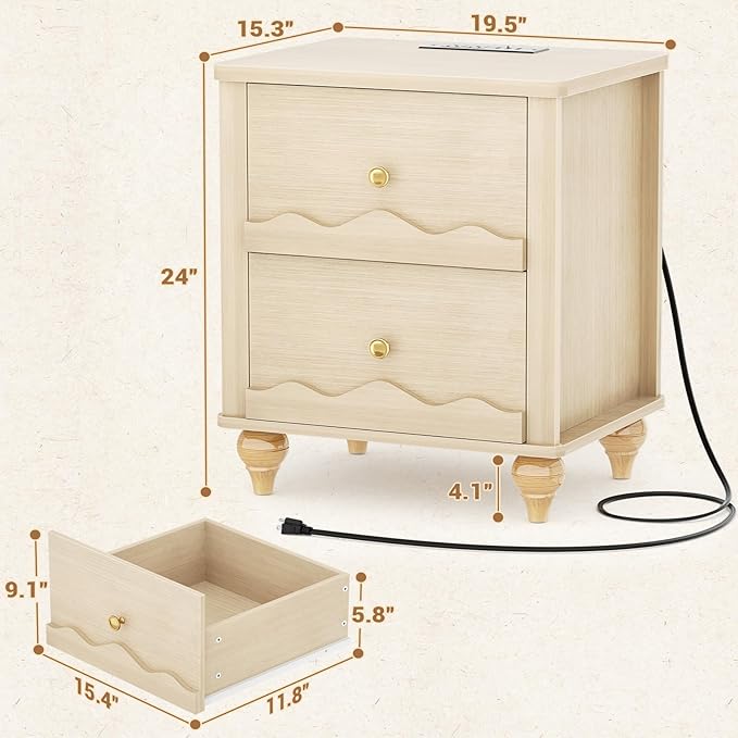 Cyclysio Nightstand Set of 2 with Charging Station, Side End Table with 2 Drawers, Modern Wood Night Stand Set 2 with Scalloped Pattern for Bedroom, Bedside Night Tables with Solid Wood Gourd Legs