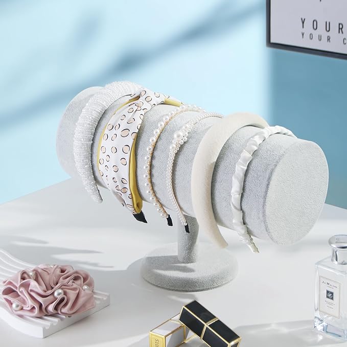 T-Bar Headband Holder Organizer for Selling, Soft Velvet Hairband Stand Display, Hair Hoop Accessories Jewelry Storage for Home Bedroom (Gray Beige Velvet)