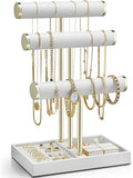 Vlando 3 Tier Bracelet Holder Organizer with Tray - Leather Jewelry Stand Organizer for Women - Jewelry Holder Display for Necklace, Watches, Rings, Earrings, Bangle, Scrunchie - White