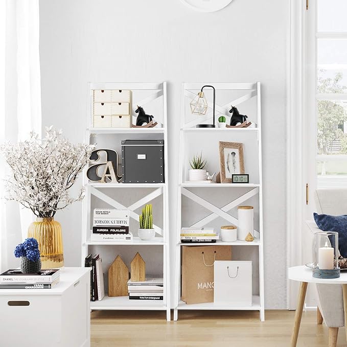 Tangkula 4-Tier Ladder Shelf Bookcase Leaning Free Standing Wooden Frame Decor Bookshelf Storage Flower Shelf Plant Display Shelf for Home Office (White, 1)