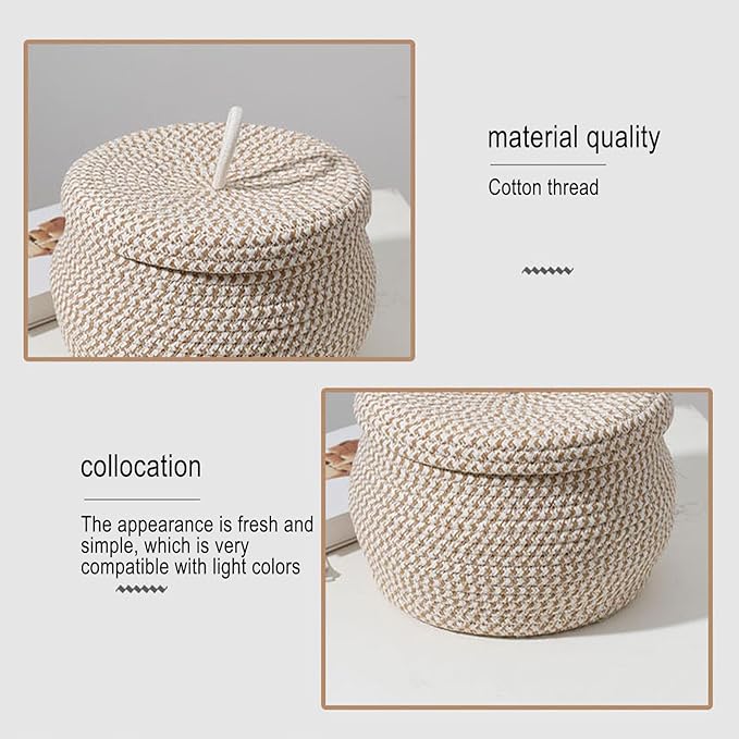 Rope Basket – Straw Woven 21x21x17cm | Round Cotton Rope Storage Basket With Lid Decorative Woven Bin | Lidded Organizer For Snacks Yarns Keys Toys Home Bedroom And Daily Use