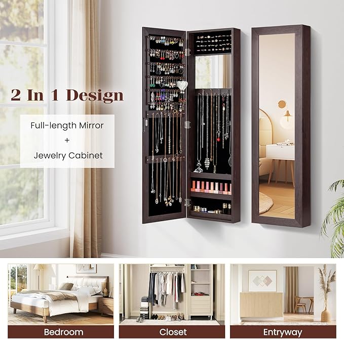 Giantex Wall Mounted Jewelry Cabinet with Full Length Mirror, Over The Door Jewelry Armoire Organizer with Large Storage, Makeup Mirror & Velvet Lining (Brown)