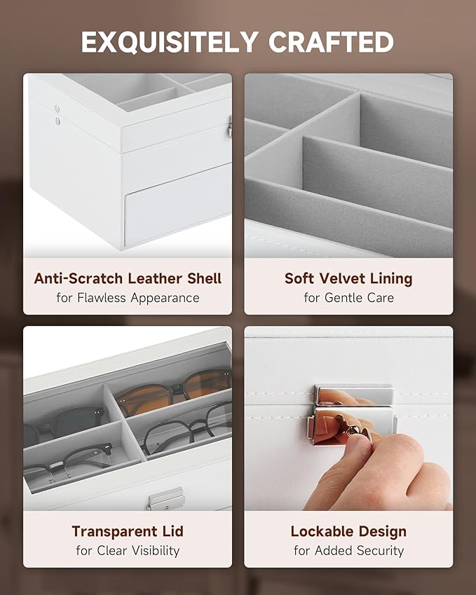 CO-Z Sunglasses Organizer with 12 Slots, Leather Eyeglasses Storage Box for Women Men, 2 Story Lockable Display Case for Multiple Glasses, Sunglasses Jewelry Collection Holder with Drawer, White