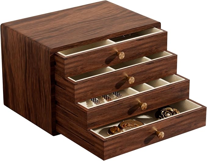 GENUINED Large Black Walnut Wooden Jewelry Box, High End Solid Wood Jewelry Organizer, Vintage Style for Watch Necklace Ring Earring Storage, Birthday Christmas Gifts for Women(4 Layer)