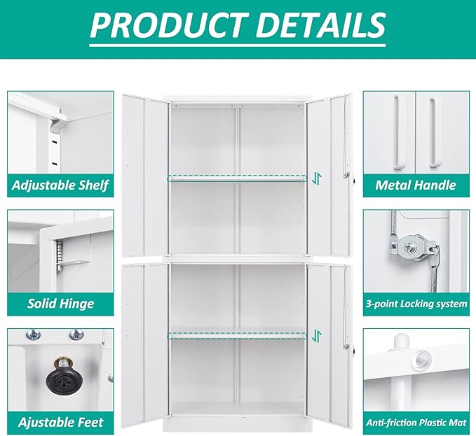 Metal Storage Cabinet with 3 Adjustable Shelves,White Storage Cabinet with Lock,71" Lockable Metal Cabinets with Locking Doors,Tall Steel Pantry Cabinets 4 Door for Home,Office,Garage,Bathroom,Kitchen
