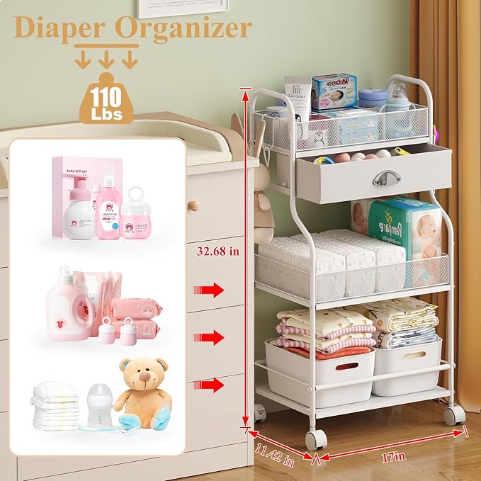Baby Diaper Caddy Cart Organizer -3 Tier, Bedside Nursery Essentials Cart & Storage Holder for Newborn Baby Stuff, 2+1 Dividers, 1 Drawer,Rolling Utility Cart for Bedroom,Changing Table, Crib.
