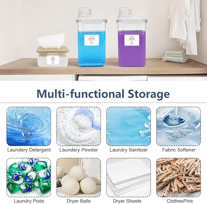 2+1 Pack Laundry Detergent Dispenser and Dryer Sheet Holder Set, 78 oz Laundry Soap Dispenser, Plastic Liquid Fabric Softener Dispensers for Laundry Room Organization with 12 Labels