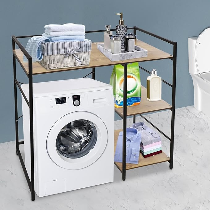 3 Tier Washing Machine Shelf, Over The Washer and Dryer Storage Shelves Space Saving Shelving Units Drying Organizer Stand with Side Racks for Laundry Room Apartment Bathroom (Black, Brown)