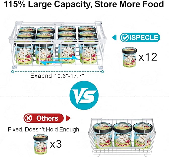 iSPECLE Chest Freezer Organizer - Fit 10 to 20 Cu.FT Freezer, 3 Pack Large Expandable Stackable Deep Freezer Organizer Bins Sort Frozen Food and Easily Get with Handle, Improve Air Circulation,White