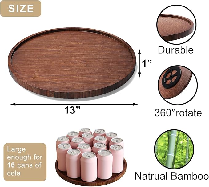 Lazy Susan Organizer for Kitchen,Bamboo Turntable for Cabinet,Pantry,Vanity,Large（Brown）