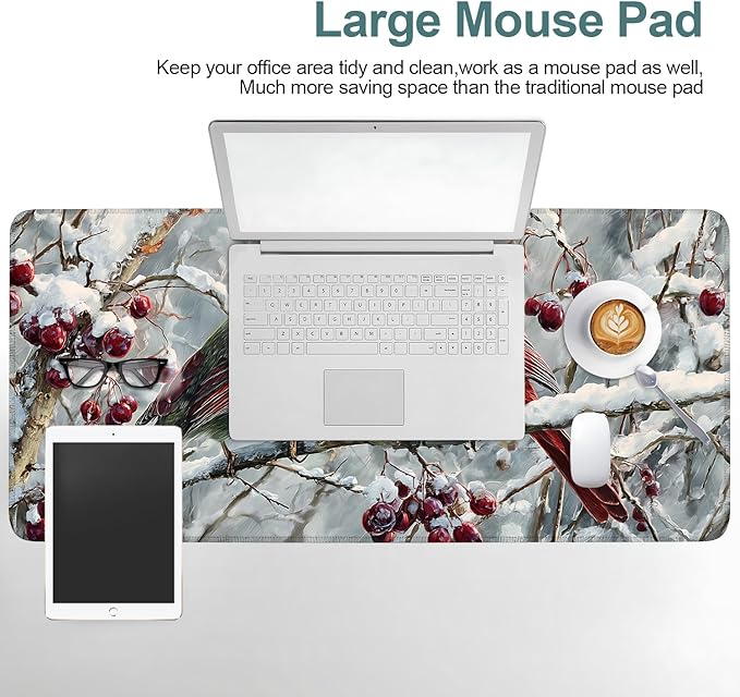 Winter Cardinal Bird Gaming Mouse Pad 35.4"x15.7"Desk Mat Anti-Slip Rubber Base & Durable Stitched Edges for Gamers Smooth Mouse Writing Surface for Desk Office/Home