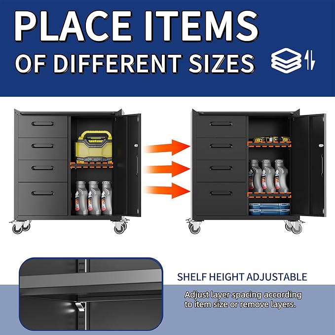 Metal Tool Cabinet,Garage Storage Cabinet System,Wall Cabinet & Locking Rolling Tool Cabinet with Doors and Adjustable Shelves,Steel Tool Cabinets for Home (2 Pcs-StyleF, Black)