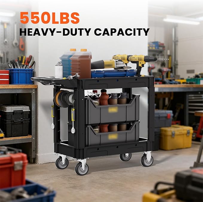 2 Tier Plastic Rolling Utility Cart on Wheels, Heavy Duty Tool Cart with Deep Shelves and 360° Swivel Wheels Holds up to 550 lbs, Service Cart for Warehouse,Garage, Cleaning (Black-M)