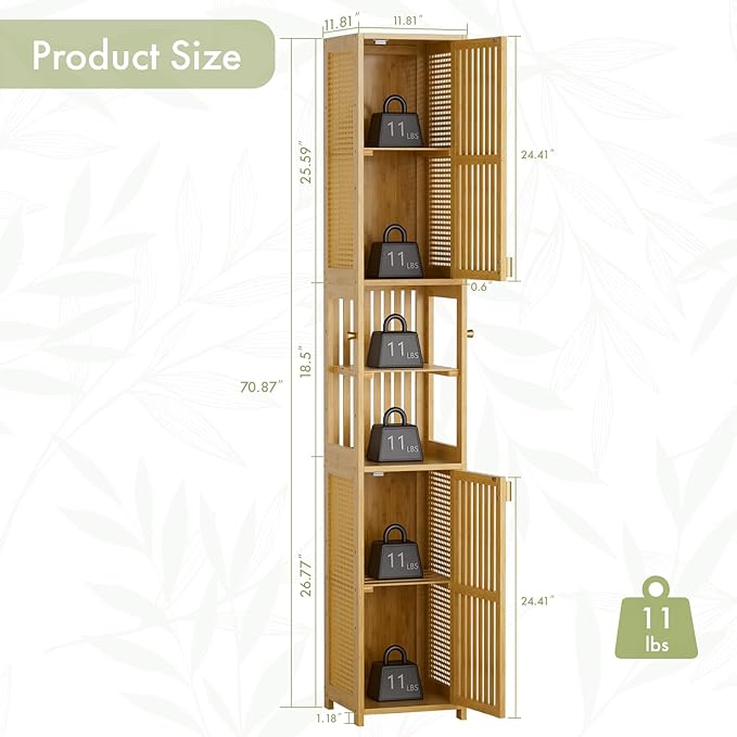 Amazer 70'' Tall Bathroom Storage Cabinet Bamboo, Slim Storage Cabinet with Rattan Door and Adjustable Shelves, Narrow Freestanding Organizer for Living Room, Kitchen, Natural Color