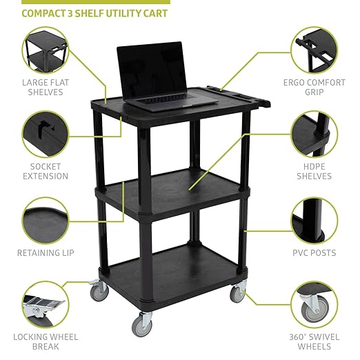 Pearington 3-Tier Compact Multi-Purpose Utility Cart with Lockable Wheels and Ergonomic Handle, Black, 2 Pack
