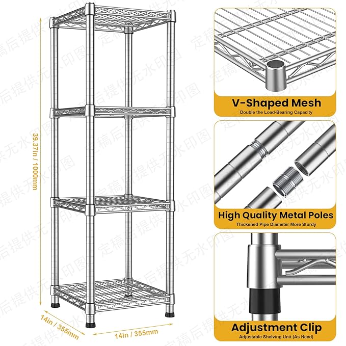 Metal Wire Shelving Unit Storage Shelves 4 Tier Adjustable Shelf Sturdy Steel Rack Standing Units Organizers organize for Laundry Bathroom Kitchen Closet Basement Garage Pantry Narrow Mesh Utility