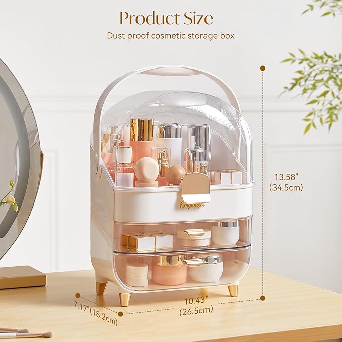 Makeup Organizers, Make Up Organizer for Vanity, Countertop Cosmetic Storage with Drawers and Transparent Cover for Bedroom Bathroom, Pearl White