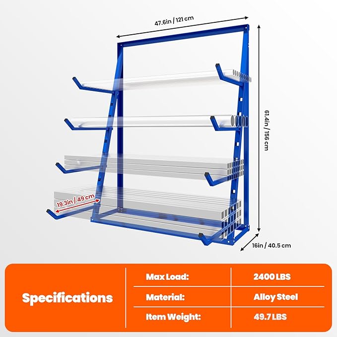 48x16x62'' Heavy Duty 4 Tiers Horizontal Lumber Storage Rack, 2400lbs Load Alloy Steel Lumber Pipe Organizer Shelf, Adjustable Bar Storage Cantilever Rack for Garage Workshop, Woodworking Shop