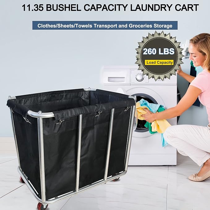Laundry Cart Commercial,11.35 Bushel (105 Gal) Large Industrial Rolling Laundry Hamper with 4 Inch Wheels,Home Heavy Duty Laundry Baskets with Stainless Steel Frame, 260 LBS Weight Capacity (Black)