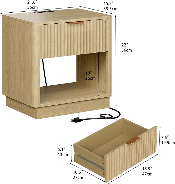 Fluted Nightstand with Charging Station Modern Bedside Table with Drawer and Open Shelf Mid Century End Table with Storage for Bedroom Living Room Sofa Office