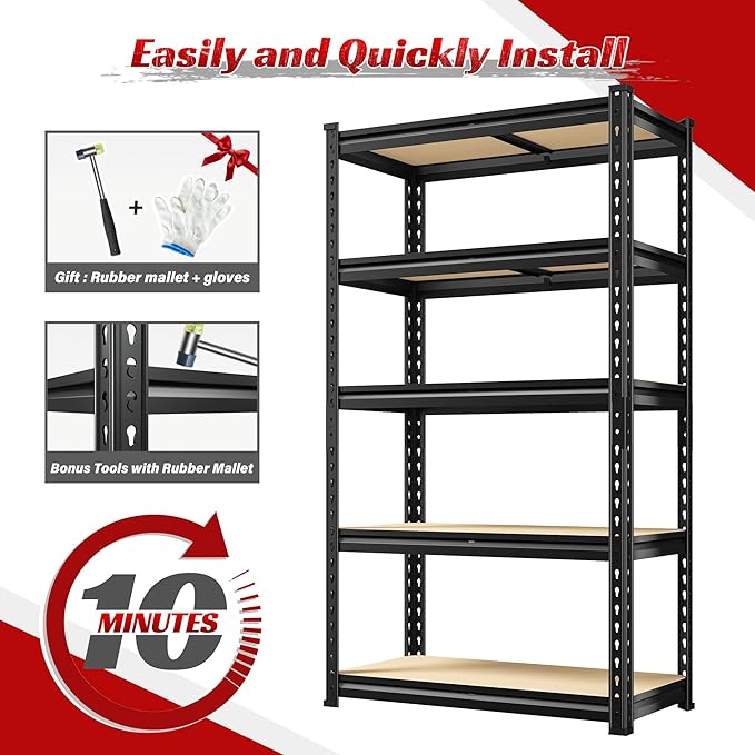 REIBII Set of 2 Storage Shelves 5 Tier Garage Shelving Heavy Duty Metal Shelving 2000LBS Garage Shelves Adjustable Metal Shelf for Kitchen Warehouse Pantry Commercial Use 27.6" Wx11.8 Dx60 H