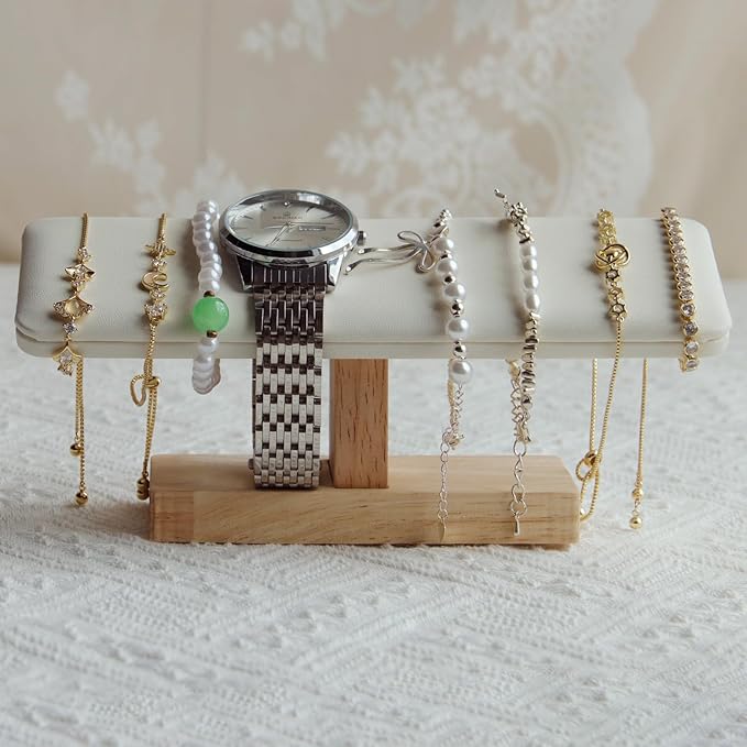 Wooden Watches Display Stands Base Watch Necklace Bracelet Organizer Rack Bangle Scrunchie Headband Showcase Stands Exterior Beige PU
