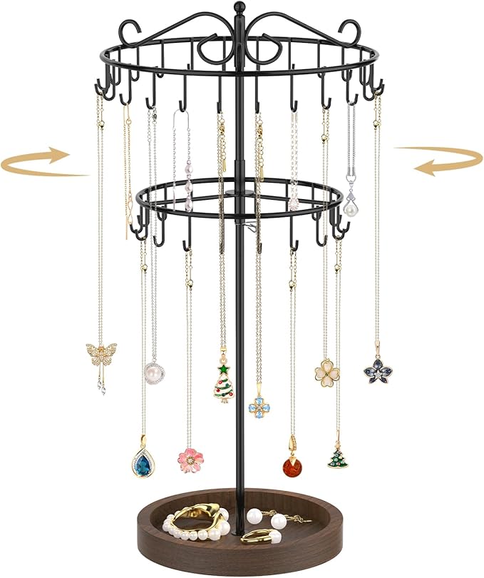 MODOWEY Rotating Necklace Holder Stand Organizer, 2 Tier Adjustable Extra Tall Metal Display Tree with Wooden Tray, 42 Hooks Pendant Hanger for Women Men, Stylish and Secure Jewelry Rack, Black